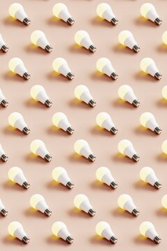 Many light bulbs on a pastel background. Concept 3d illustration.