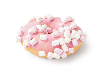 Tasty donut with marshmallows on white background