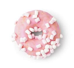 Tasty donut with marshmallows on white background