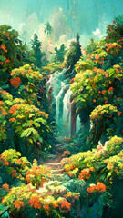 Rainforest forest in the sunny morning illustration Generative AI Content by Midjourney
