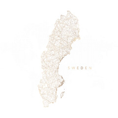 Low poly map of Sweden. Gold polygonal wireframe. Glittering vector with gold particles on white background. Vector illustration eps 10.