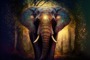 Mythical Fantastical Elephant in The Forest with Golden Spot - Generative AI 