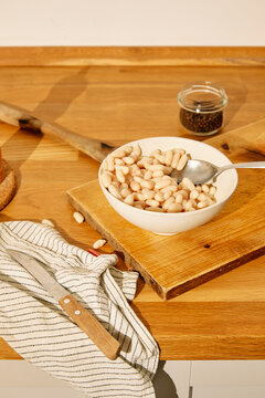 Bowl of beans in a warm kitchen