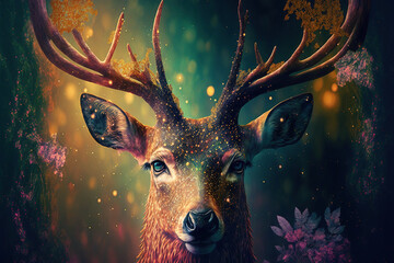 Mythical Fantastical Deer Head in The Forest with Golden Spot - Generative AI 