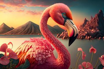 pink flamingo ready for the vacations. Generative AI - obrazy, fototapety, plakaty