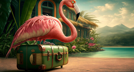 pink flamingo ready for the vacations. Generative AI - obrazy, fototapety, plakaty