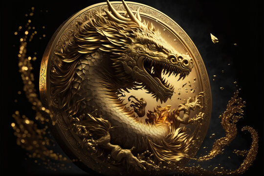 Gold Dragon and Gold coin, symbolic of power and wealth, China dragon, black background for wallpapers. 3d Render dynamic , Created with Generative AI