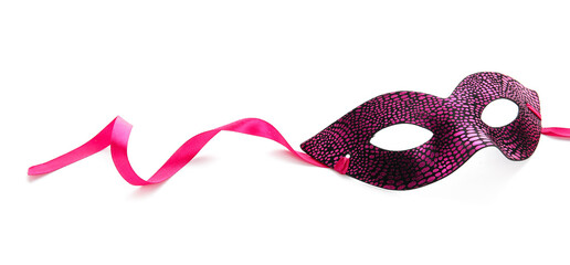 Pink carnival mask for Mardi Gras celebration on white background