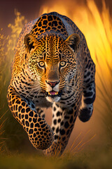 Jaguar running in action on the field grass with sunset ligth, Generative AI