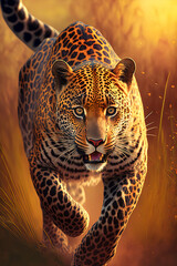 Plakat Jaguar running in action on the field grass with sunset ligth, Generative AI