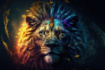 Mythical Fantastical Tiger Face in The Forest with Golden Spot - Generative AI 