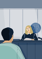 Cartoon judge and defendant in court