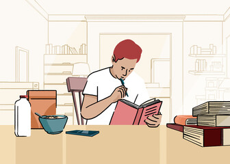 Focused student studying books at desk