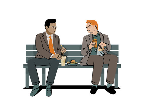 Flat style office workers having lunch on bench
