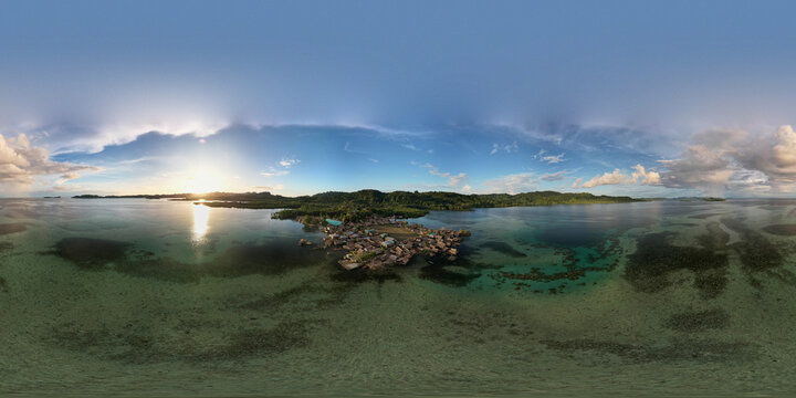 Hagalu floating village, Pacific Ocean sea level rise 360 VR panorama