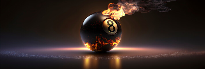 8 Ball on fire, dark fantasy, black eight ball snooker ball with flames around it edges and signs of extreme heat, generative AI