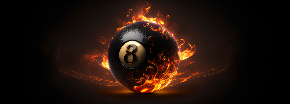 8 Ball on fire, dark fantasy, black eight ball snooker ball with flames around it edges and signs of extreme heat, generative AI