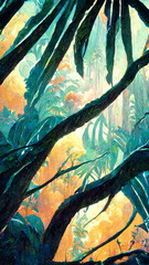 Tropical Rainforest Landscape Tropical forest in the night illustration Generative AI Content by Midjourney