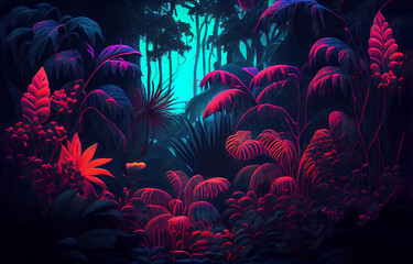 Tropical leaf forest glow in the black light neon background. Generative AI.