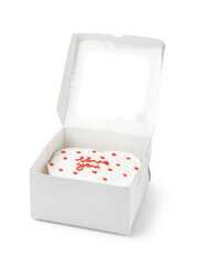 Opened box with tasty bento cake isolated on white background. Valentine's Day celebration