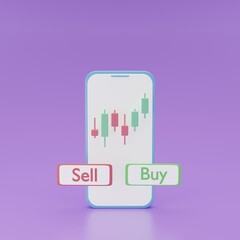 3d Online trading stock graph, forex or crypto currency bitcion candlestick charts with buy sell button on smartphone screen. investment funding business concept.