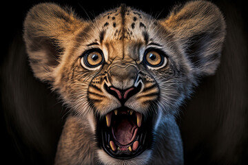 Tiger cub expresses emotions. Growling tiger cub. Сlose up portrait of a tiger cub. Wildlife emotions. Post-processed digital AI art	
