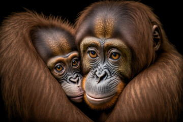 Portrait of a  baby chimpanzee and her mother showing affection for each other.  Post-processed generative AI