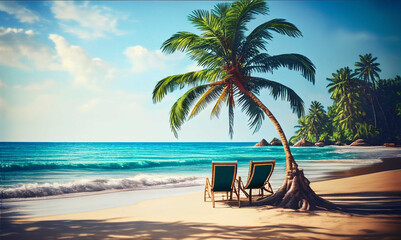 Obraz na płótnie Canvas Beach with sun and palm trees, white sand and chairs, Ai