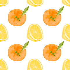 Watercolor citrus seamless pattern. Tangerine lemon half Summer fresh watercolor pattern with citrus. Digital paper hand drawn illustration