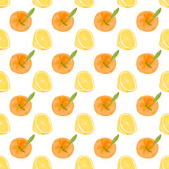 Watercolor citrus seamless pattern. Tangerine lemon half Summer fresh watercolor pattern with citrus. Digital paper hand drawn illustration