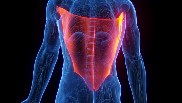 3D rendered medical animation of a man's latissimus dorsi