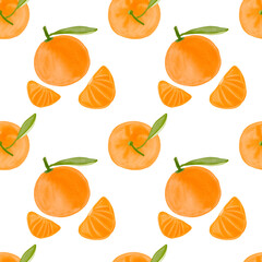 Watercolor citrus seamless pattern. Tangerine watercolor Summer fresh watercolor pattern with citrus on white background. Digital paper hand drawn illustration