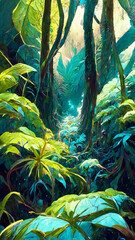 Tropical Rainforest Landscape Tropical forest in the night illustration Generative AI Content by Midjourney