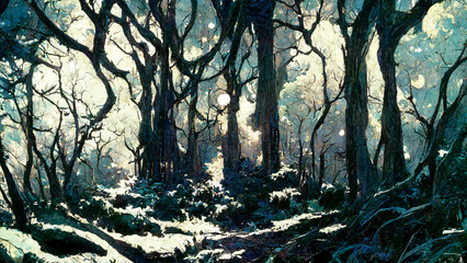 Forest at night illuminated by moonlight illustration Generative AI Content by Midjourney