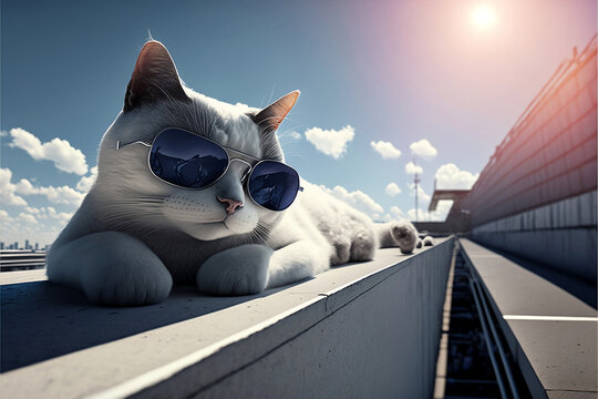 Travelling cat in sunglasses sunbathing on street, generative ai
