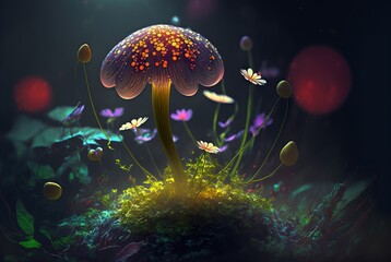 Fototapeta na wymiar Magic mushroom glowing bright on mythical fantasy forest ground soil; colorful edible fungus hallucinogenic and known for extraordinary healing abilities - generative AI illustration.