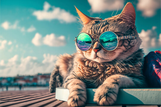 Travelling cat in sunglasses sunbathing on dock, generative ai