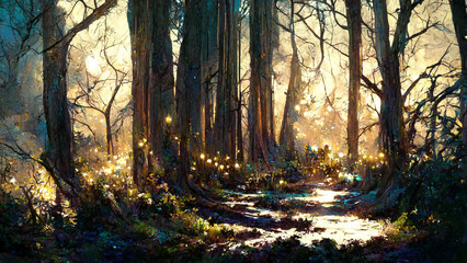 Forest at night illuminated by moonlight illustration Generative AI Content by Midjourney