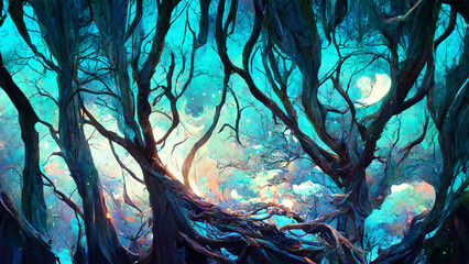 Forest at night illuminated by moonlight illustration Generative AI Content by Midjourney