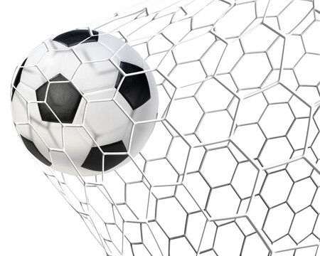 Soccer ball or Football ball in the net isolated on white background, Soccer Ball Hitting the net PNG Images With Transparent Background.