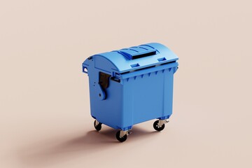 3d rendering of blue trash bin on pastel background.