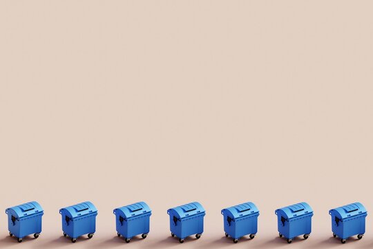 3d rendering of blue trash bins pattern on pastel background.