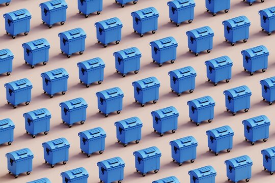 3d rendering of blue trash bins pattern on pastel background.