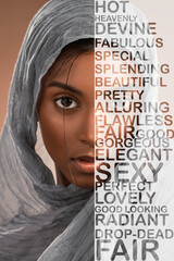 Beautiful, modest and portrait of a Muslim woman with words of affirmation isolated on a...