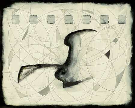 A pen, ink, acrylic, and pencil drawing; an abstraction.