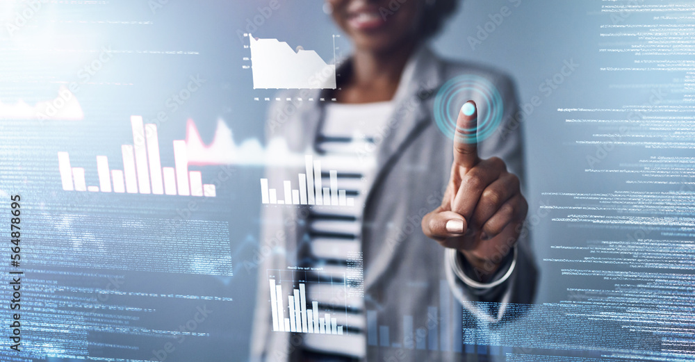 Aufkleber hand, future and finance with a business black woman touching an ai interface for data or informatio