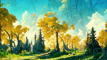 forest in the sunny morning illustration Generative AI Content by Midjourney