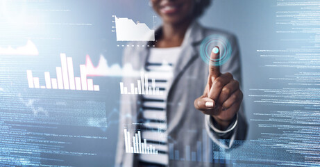 Hand, future and finance with a business black woman touching an ai interface for data or...