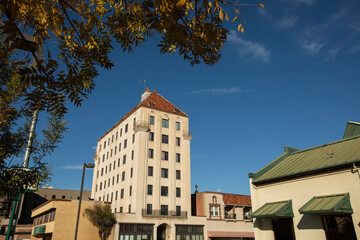 Late afternoon view of historic downtown Marysville, California, USA.