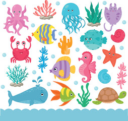 Marine Animals. Vector graphics of the ocean and marine animals. Turtle, crab, fish, octopus, seahorse, whale. Isolated on white background.